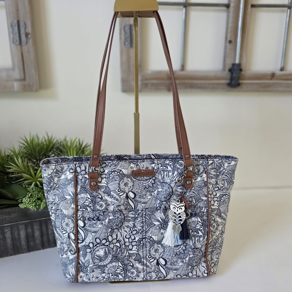 Sakroots Navy Floral Canvas Tote with Tassel Charm
